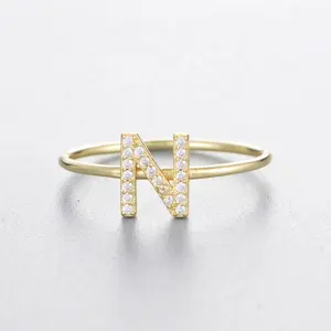 Zircon 26 Letters Finger Ring 18K Gold Plated 925 Sterling Silver Initial Ring Jewelry