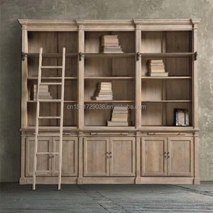Bibliothèque vintage en bois massif avec échelle, bibliothèque américaine avec armoires de rangement, étagère haute pour la maison ou le bureau - Product Image 1