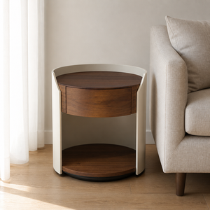 Mesita de Noche Cilíndrica Moderna con Chapa de Nogal, Acabado Crema Horneado, Cajón de Madera Maciza con Cierre Suave y Estante Abierto para Dormitorio - Product Image 4