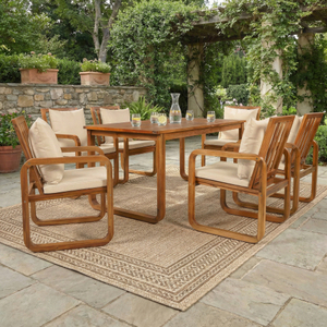Ensemble de salle à manger de patio moderne en bois d'acacia 7 pièces avec coussins amovibles, mobilier d'extérieur écologique pour jardin - Product Image 1