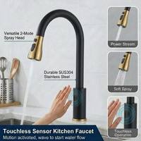 Robinet de cuisine à détecteur de mouvement sans contact, sans poignée, en acier inoxydable noir et or, robinet d'évier monomode extractible