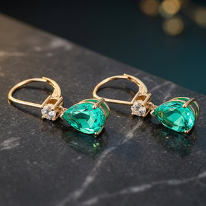 <b>Dangling</b> Green Emerald <b>Diamond</b> <b>Earrings</b> Emerald <b>Diamond</b> Drop <b>Earrings</b> Precious Green Stone Drop <b>Earring</b> Lever Backing - Product Image 2