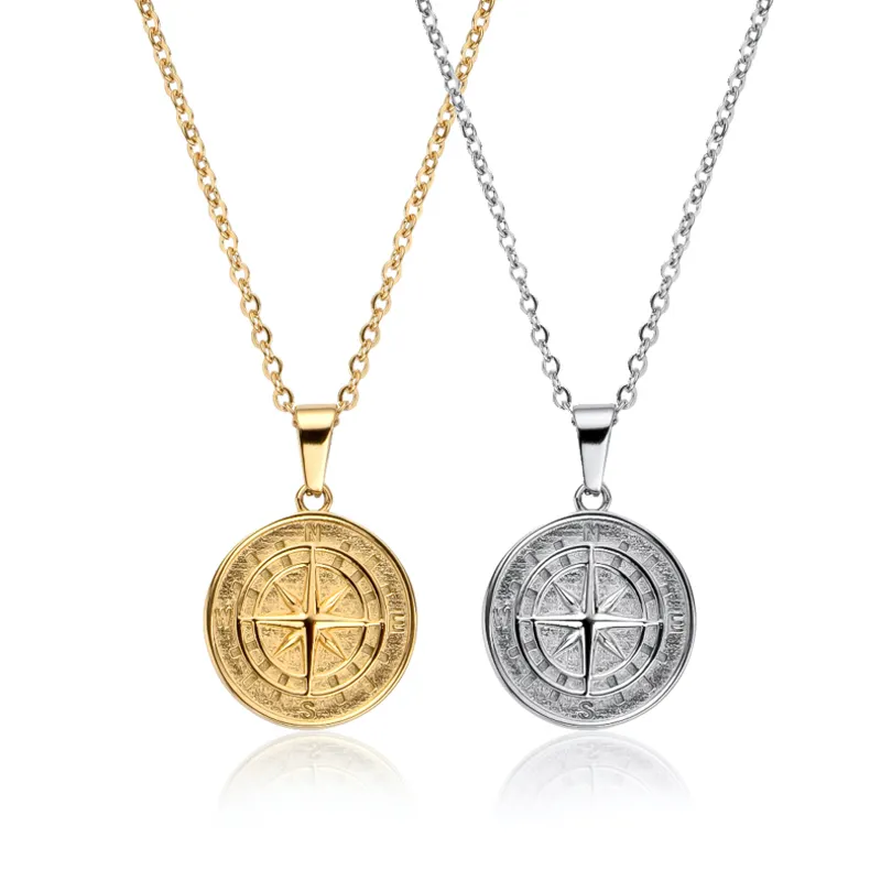 MICCI Wholesale Stainless Steel Souvenir Navigationl Travel Jewelry 18K Gold Plated North Star Compass Pendant Necklace for Men