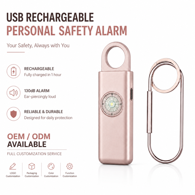 Wholesale Mini Rechargeable Personal Security Alarm Keychain 130dB SOS Emergency Self Defense Device with Flashing Light