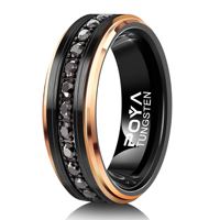 8mm Schwarzer Wolfram-Klassikring - Roségold Abgeschrägte Kante Ewigkeitsring mit Eingelassenen Zirkonia Hochzeitsband Individuell Lasergraviert Unisex-Schmuck