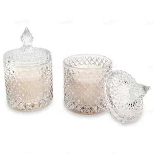 独特风格水晶菱形玻璃蜡烛罐，带玻璃盖，用于蜡烛制作家居装饰