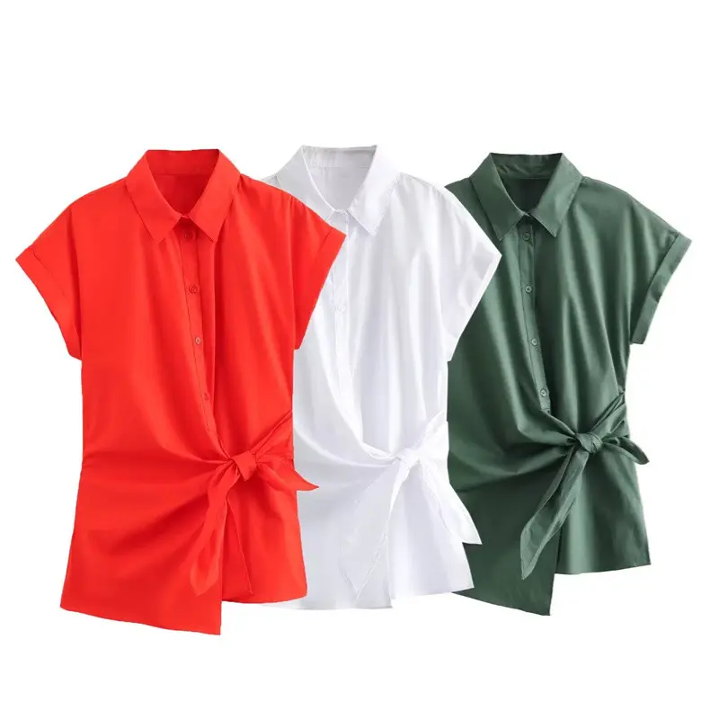 TAOP&ZA 2024 Summer New American Design Lapel Short Sleeve Tie Detail Poplin Shirt 9479048 4043050