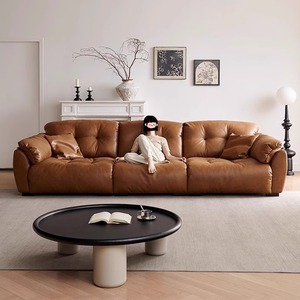 Retro Cloud Shape Genuine Leather <b>Sofa</b> Straight Design Oil Wax Leather Couch With Adjustable Backrest For <b>Small</b> Living Room - Product Image 2