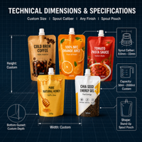 Emballage personnalisé en pochette souple avec bec verseur, sachet Doypack autoportant pour liquides alimentaires, avec bouchon verseur pour sauces, condiments, boissons, miel