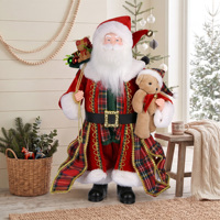 Figurine de Père Noël debout en tartan rouge avec cape, grande poupée de Noël avec ours pour la décoration de Noël en magasin de détail