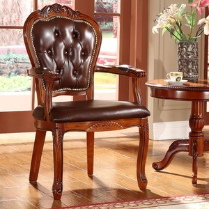 Chaise de salle à manger en cuir européen avec accoudoirs, en bois massif américain, style rétro, pour la maison, l'hôtel, le salon, avec tissu antique - Product Image 4