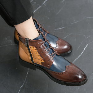 Splicing Pointed Toe Oxfords High Top <strong>Brogue</strong> Dress Shoes Classic Durable <strong>Men</strong> Made Leather <strong>Boots</strong> - Product Image 4