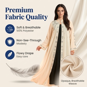 Elegant Cream Open Abaya Chiffon Hotfix <b>Long</b> Sleeve Maxi <b>Dress</b> Set with Inner <b>Dress</b> <b>for</b> <b>Eid</b> Modest Occasion Wear - Product Image 2