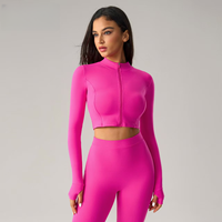 Nouvel ensemble de yoga 2 pièces pour femme 2025 : veste de sport à manches longues, coupe ajustée, taille élastique, style brassière, couleur unie, séchage rapide, logo frontal