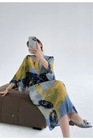 Robe plissée style Miyake pour femme, à manches chauve-souris longues, dégradé de couleurs, imprimée, à franges, grande taille, décontractée et élégante