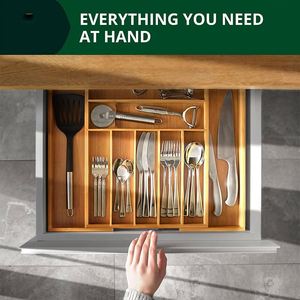 Organizador de Cajones de Cocina de Bambú con Divisores Ajustables y Expandibles, Bandeja de Almacenamiento de 9 Compartimentos - Product Image 3