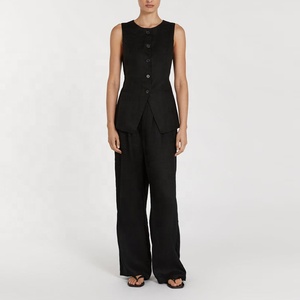 <span class=keywords><strong>Chaleco</strong></span> de lino con detalle de botón a través del cierre para <span class=keywords><strong>mujer</strong></span> <span class=keywords><strong>Chaleco</strong></span> de palangre a medida Escote redondo con botón <span class=keywords><strong>Chaleco</strong></span> de lino negro - Product Image 3