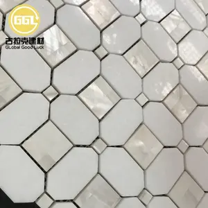 Azulejo de mosaico de concha de nácar blanco con incrustaciones de Thassos para salpicaduras de cocina y pared de Ducha