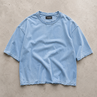 T-shirt TaiDe certifié GRS 280GSM bleu ciel teint pigmentaire, triple effet vieilli, ourlet brut, coupe oversize, vierge, personnalisable avec logo, OEM ODM, vente en gros