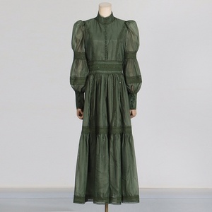 Aelesen sfilate in tinta unita abito Midi da donna lanterna a maniche lunghe con collo alto Patchwork elegante Casual da donna - Product Image 3