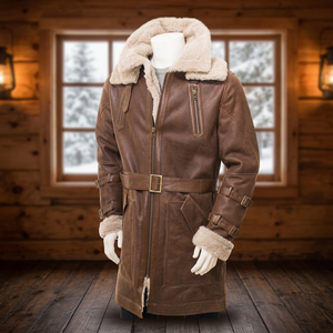 Veste de printemps pour homme en cuir véritable avec doublure en fausse fourrure, fermeture éclair, ceinture, style moto - Product Image 3