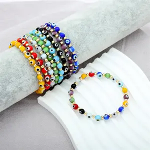 Boho Elastic Unisex Chamilia Round Ball Beads Blue Rainbow Evil Eye Bracelets Handmade