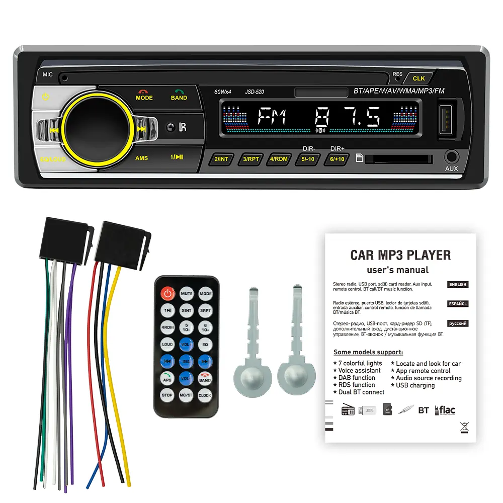 Tek Din 1 Din araba Stereo MP3 BT USB FM TF 7 renk arka ışıkları ile JSD-520 araba MP3 çalar