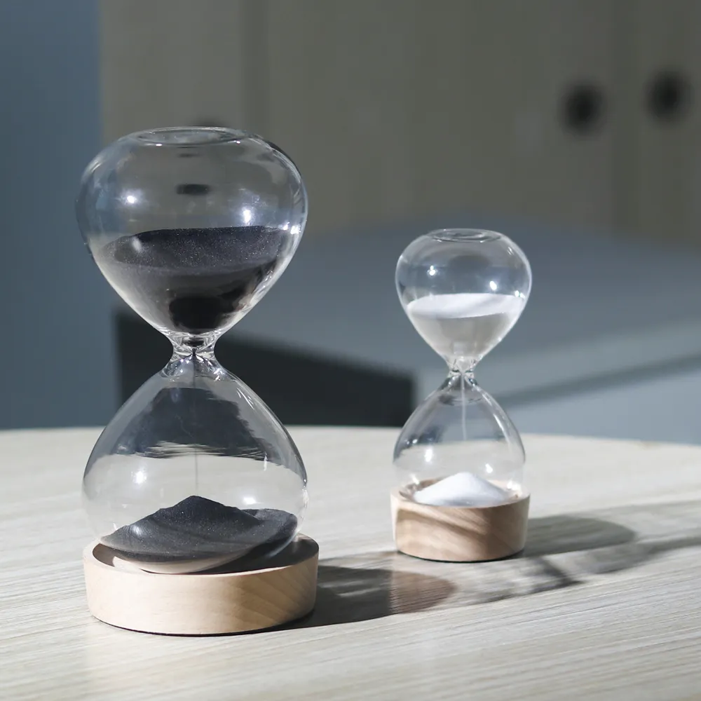 Ampulheta de areia de vidro redonda, 1 minuto a 30 minutos com base de madeira