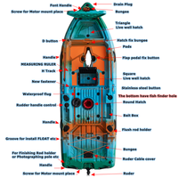 Kayak motorisé modulaire 2025 de 9 pieds de large en HDPE, facile à ranger, pour la pêche, propulsion par pédales, application de surf pour 3 personnes, 2 places
