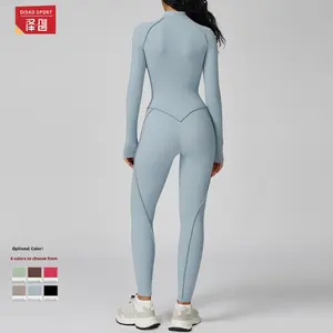 بدلة رياضية نسائية بياقة عالية للتمارين الرياضية واليوغا، بسحاب نصفي وخطوط، مصنوعة من النايلون والسباندكس، مناسبة للرياضات عالية الكثافة، قطعة واحدة دافئة - Product Image 2