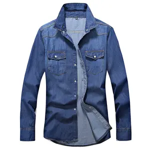 Chemise en jean délavé à manches longues à revers, ligne bicolore, hauts Slim pour hommes