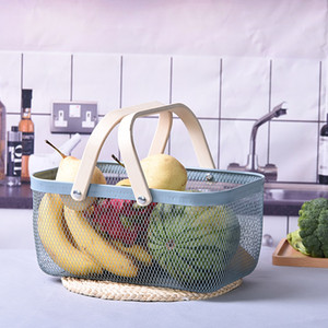 XWX Portable Picnic Thực Phẩm Rau Quả Đồ Lặt Vặt Giỏ Kim Loại Hình Chữ Nhật Dây Lưới Lưu Trữ Giỏ Có Tay Cầm Bằng Tre - Product Image 1