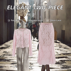 SR2541 Nuevo Conjunto de Dos Piezas Elegante y Casual con Cuello de Diamantes Franceses, Top de Encaje Transparente y Falda Larga Maxi de Cola de Pez para Mujer - Product Image 2