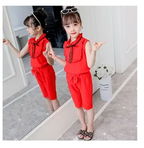 Fornitore del produttore della cina 2 Set vestito per bambini maglietta rossa personalizzata a buon mercato gilet rosso Top pantaloni sportivi Set di abbigliamento per bambina