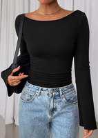 Blusa de Manga Larga con Hombros Descubiertos Estilo Coreano para Mujer, Cintura Fruncida, Manga Acampanada, Ajustada, Informal, Dulce y Elegante, Camiseta Adelgazante