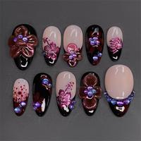 Fournisseur de faux ongles à presser de luxe faits à la main, 3D haute qualité, 10 pièces, style océan estival, forme amande et stiletto, vente en gros