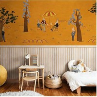 Mural Dinding Hutan Kelinci Gambar Tangan Kartun Warna Oranye Hangat Kain Dinding Kustom untuk Wallpaper Kamar Tidur Anak