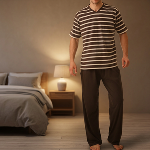 Ensemble de pyjama décontracté pour homme, vêtements de nuit, 100% coton, tissu jersey teint en fil, rayé, manches courtes, poches, confortable - Product Image 2