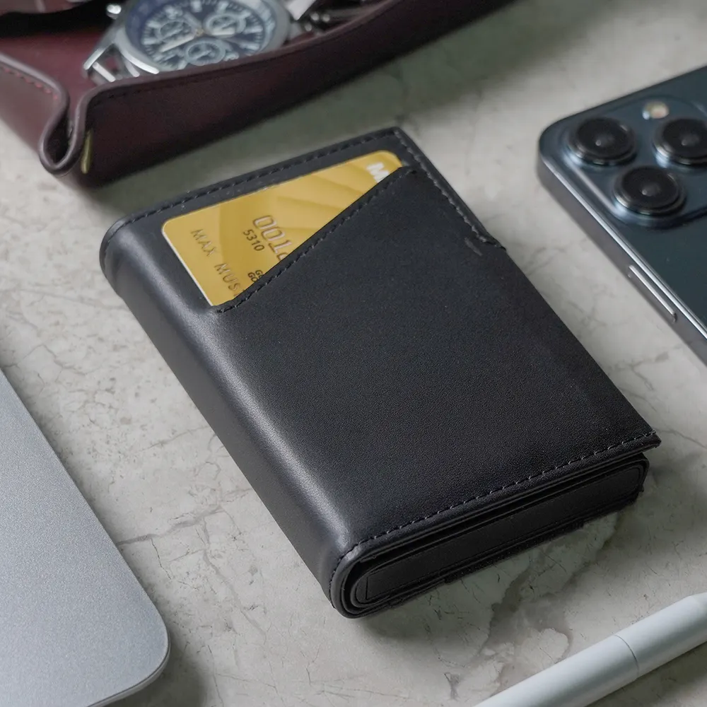 Özel erkek cüzdan deri iki kat cüzdanlar erkekler için Metal RFID engelleme alüminyum kartları tutucu hediyeler erkekler için