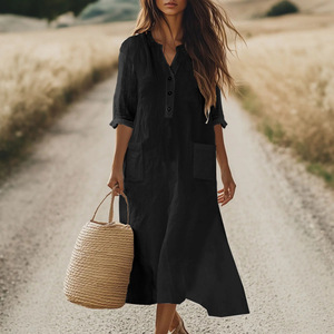 Robe midi d'été premium pour <span class=keywords><strong>femme</strong></span>, coupe ample, demi-manches, avec poches, col Henley, style décontracté, pour grandes tailles - Product Image 6