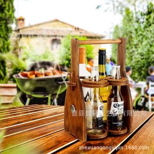 Porta Botellas de Vino de Madera, Portátil, para Picnic al Aire Libre, Diseño Vintage con 4 Soportes para Botellas - Product Image 1