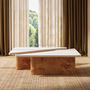 Ensemble de tables basses FERLY <span class=keywords><strong>en</strong></span> chêne et marbre, design géométrique sculptural, plateau <span class=keywords><strong>en</strong></span> pierre naturelle, deux pièces, taille et finition personnalisables - Product Image 1