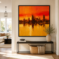 Peinture à l'huile abstraite de paysage urbain orange de luxe, peinte à la main, skyline urbain texturé, art mural sur toile, peinture à l'huile pour hôtel, bureau