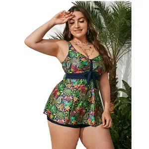 4XL Women's Plus Size Tankini Swimsuit Floral Print Two Piece Bathing Suit High Waist Swimwear Beachwear Large Size Bikinis Set