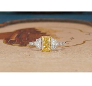 Elegant Radiant Tri <b>Stone</b> Ring With Fancy Yellow Diamond Handmade Jewelry Sparkling Luxury Diamonds Timeless Design Perfect - Product Image 1