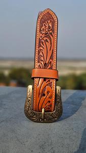 Premium Cowboy Leather Belt Ornate <b>Engraved</b> Buckle Intricate <b>Tooling</b> Fashion Accessory - Product Image 3