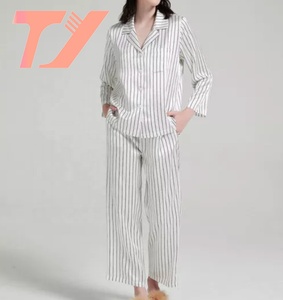 Wholesale Custom Fall Winter Women Clothing Long Sleeve <strong>Black</strong> Stripe Two Piece Pajama Set Loungewear Satin <strong>Silk</strong> Pjs <strong>Pyjamas</strong> - Product Image 1