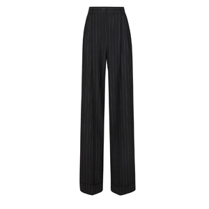 Custom <strong>Black</strong> <strong>Pinstriped</strong> Women's Straight <strong>Trousers</strong> High Waist Elastic Waist Loose Fit Casual Pants Anti-Wrinkle Eco-Friendly - Product Image 2