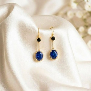 Natural Blue Sapphire <b>Earrings</b> with Black Obsidian Gemstone Dangle Design Elegant Deep Blue Jewelry Gift Women <b>Fine</b> <b>Earrings</b> - Product Image 5