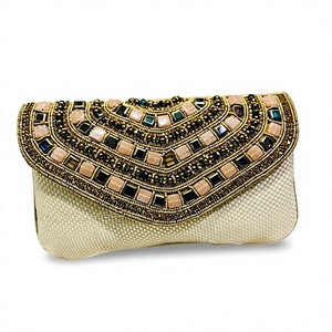 Ethnic Designer Luxury Evening Ladies Jute <b>Clutch</b> <b>Bag</b> Stone Pattern <b>Box</b> Style Bridal Wedding Parties Fabric Party Magnetic Lock - Product Image 1